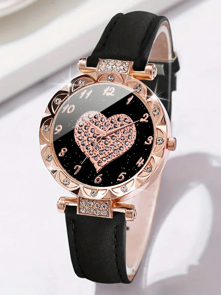 Elegant Heart Dial Watch Set: Sparkling Style with Rhinestone Accents