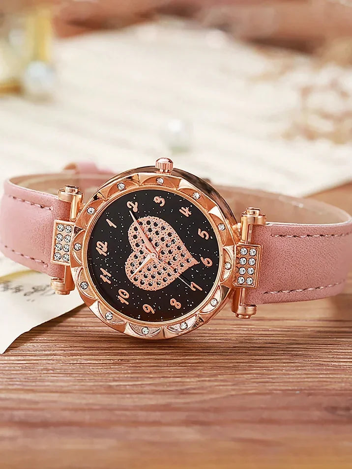 Elegant Heart Dial Watch Set: Sparkling Style with Rhinestone Accents