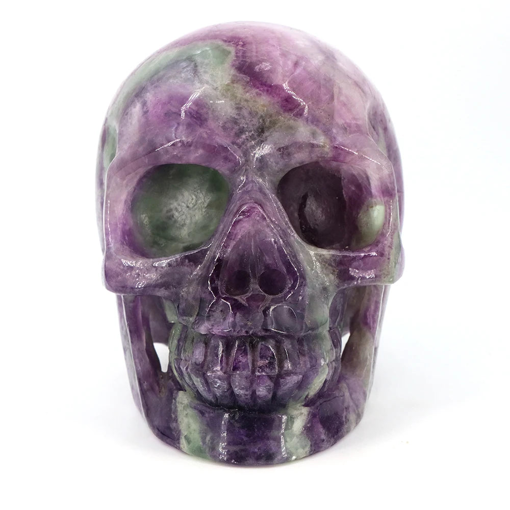 140mm Color Fluorite Skull Statue Natural Stone Carving Healing Crystal Craft Gemstone Carved Figurine Home Decor Halloween Gift