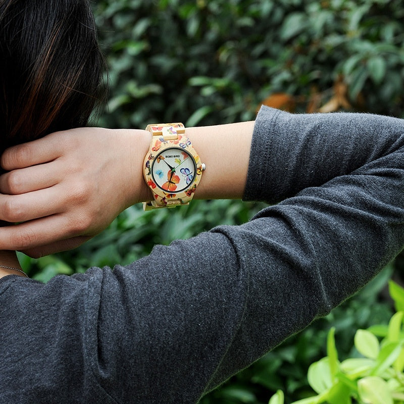 Whimsical Beauty: Butterfly Design Bamboo Wristwatch